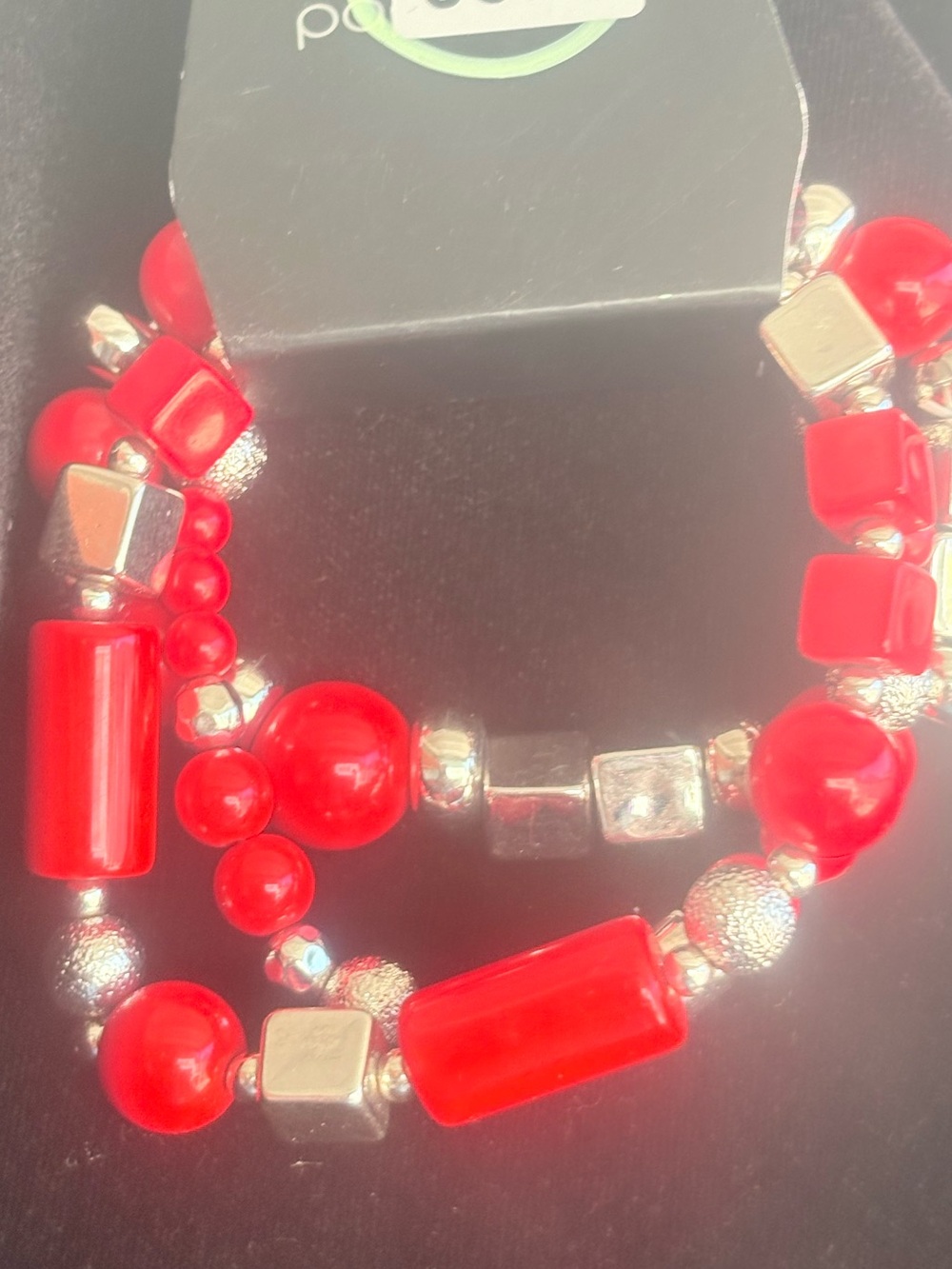 Bold Red Beaded Stretch Bracelet with Silver Accents